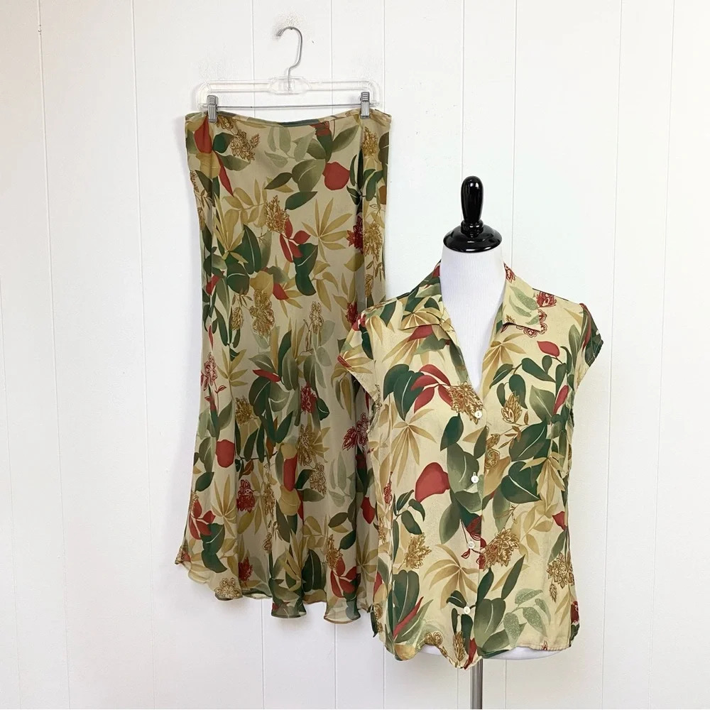 Kate Hill 2 Pc Silk Skirt Set Sz 14 Button Down Top Green Beige Floral Lined
